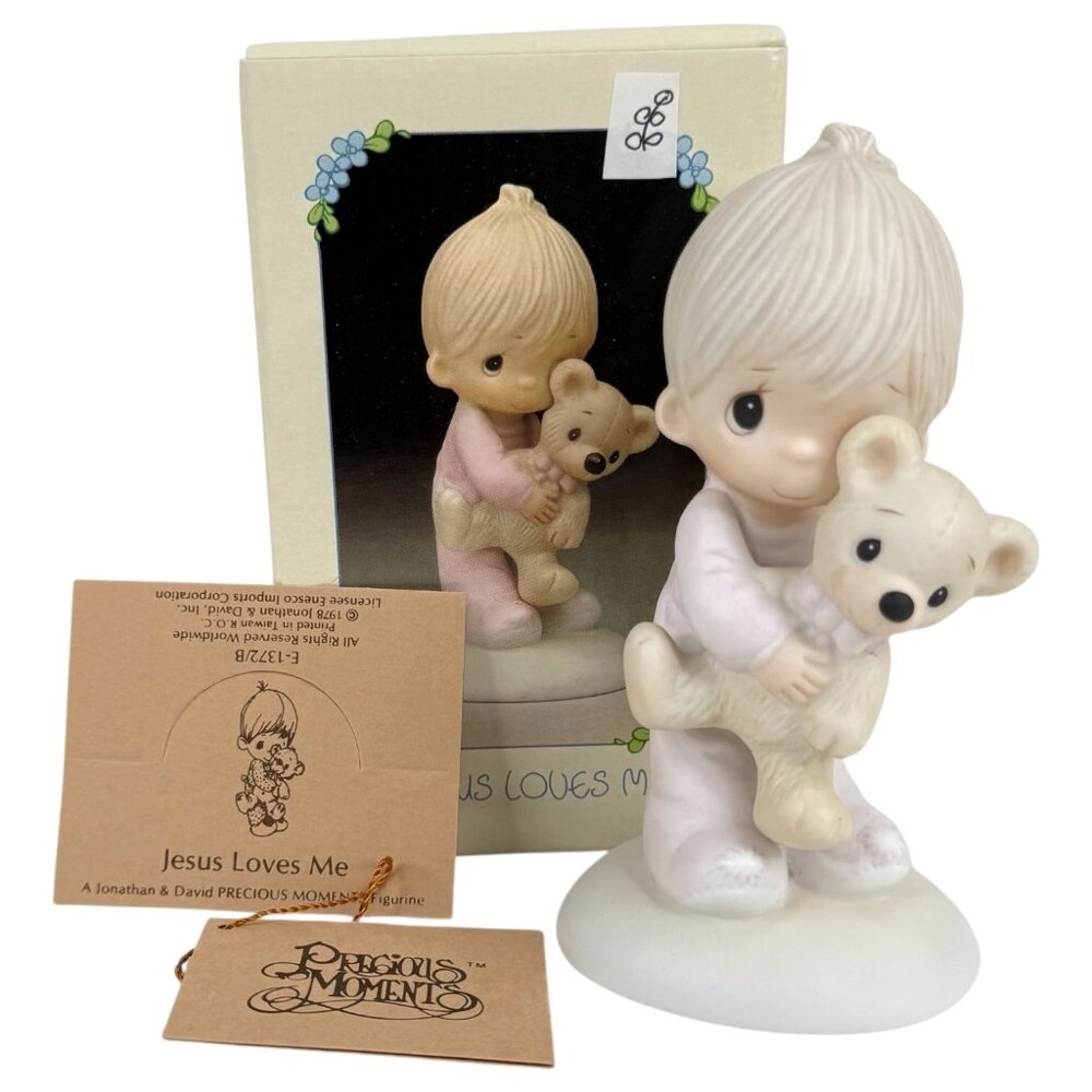 1978 Precious Moments Jesus Loves Me Figurine Boy With Teddy Bear E1378B Has Box